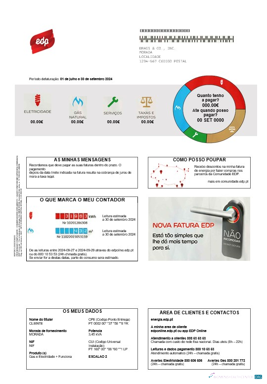 Portugal EDP business utility bill template in Word and PDF formats, good for address prove